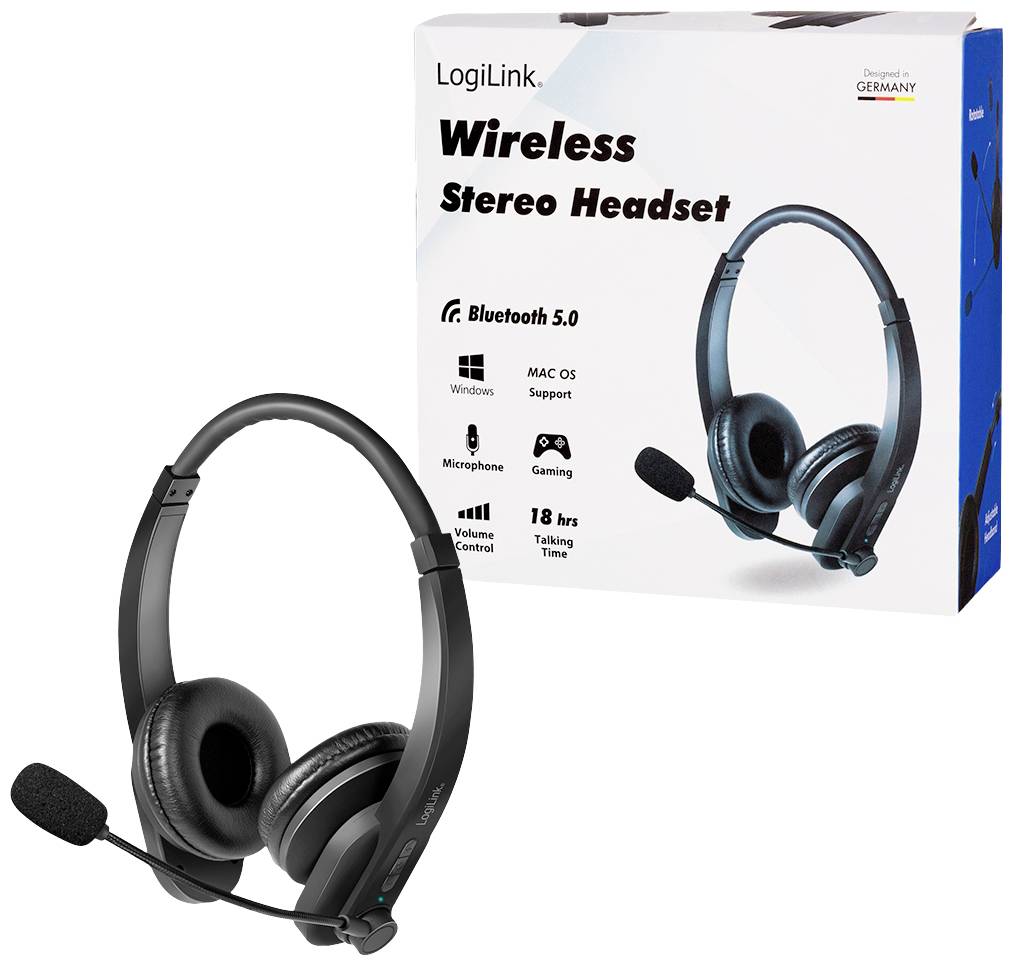 'Kabelloses Stereo-Headset' von LogiLink. Enthält Bluetooth 5.0, Mikrofon, für Windows/Mac, geeignet für Gaming, 18 Stunden Gesprächszeit. Verpackung zeigt Bild des Headsets.