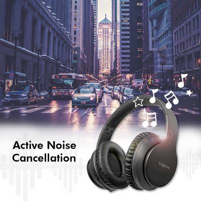 Kopfhörer mit aktiver Geräuschunterdrückung, Hintergrund einer belebten Stadtstraße. Text: 'Active Noise Cancellation'.
