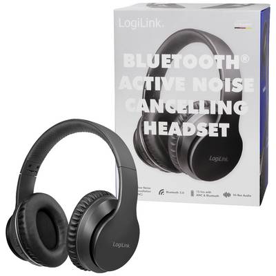 Kopfhörer mit Geräuschunterdrückung von LogiLink vor Produktverpackung. Verpackung hebt Bluetooth- und Hi-Res-Audio-Funktionen hervor.