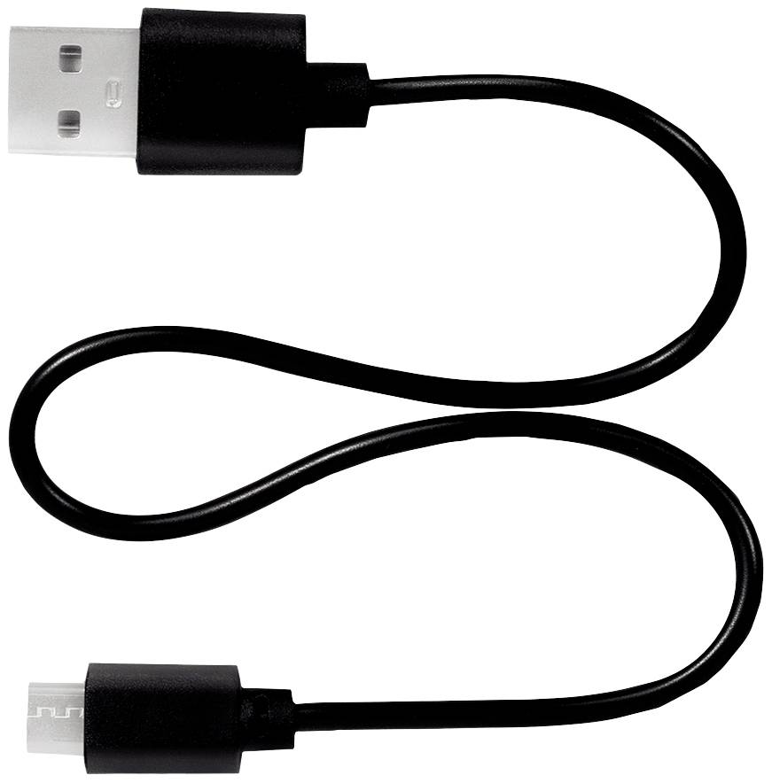 Schwarzes USB-Kabel mit einem USB-A-Stecker und einem Micro-USB-Stecker an einem leicht geschwungenen Kabel.