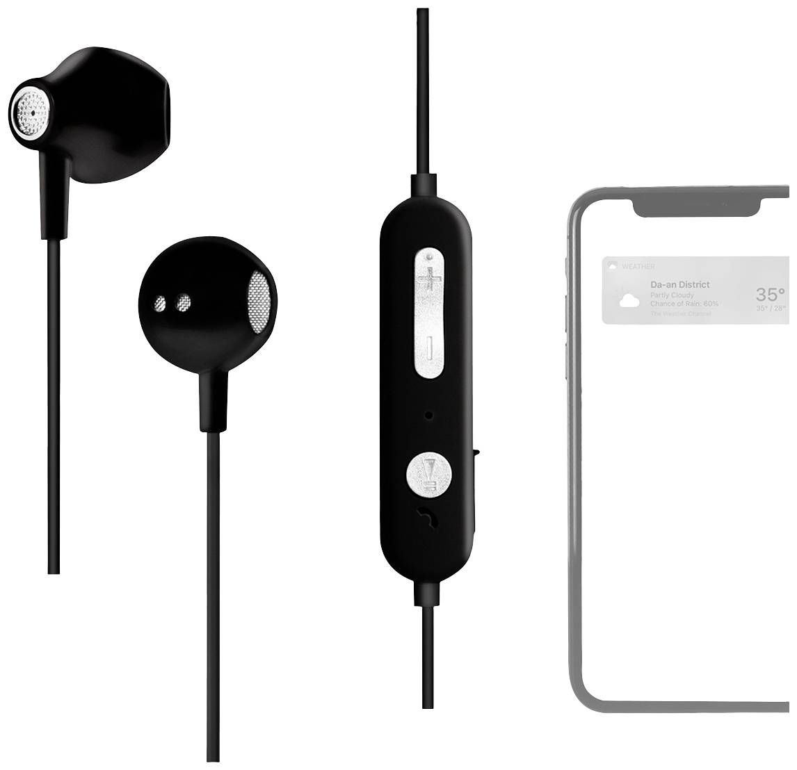 Schwarze Ohrhörer mit integriertem Steuerungskabel und teiltransparenter Hülle eines Smartphones.