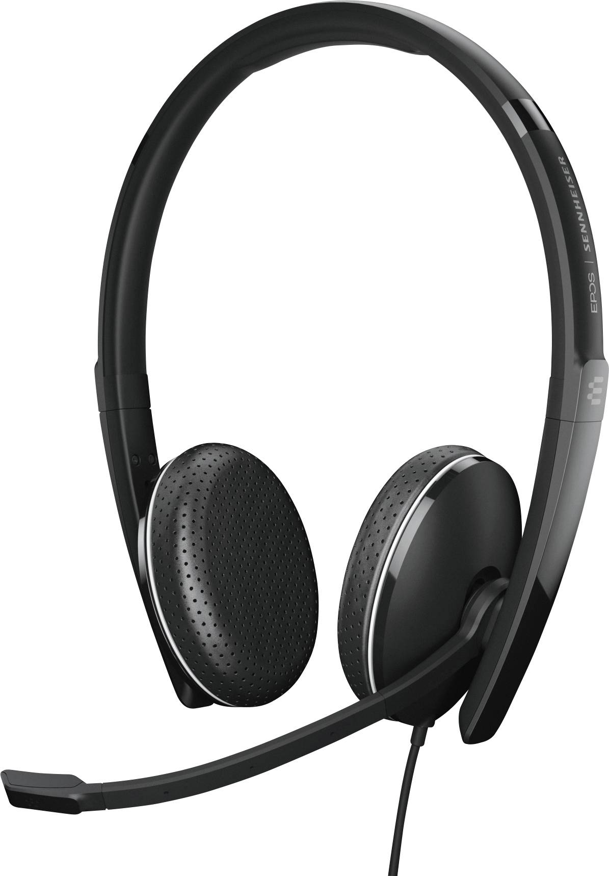 Schwarzes Headset mit Mikrofonarm; geeignet für Telefonanrufe und Online-Kommunikation; schlichtes, modernes Design.