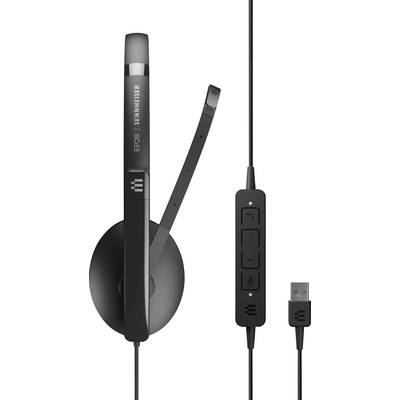 Ein schwarzes USB-Headset mit Mikrofonarm und Bedienelementen an einem Kabel; Marke ist sichtbar.