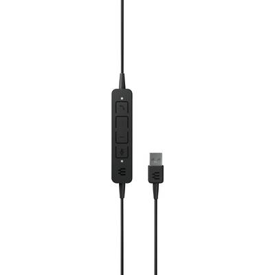Schwarzes Headset-Kabel mit USB-Stecker und In-Line-Steuerung. Knöpfe für Anrufannahme, Lautstärke und Mikrofonstummschaltung.
