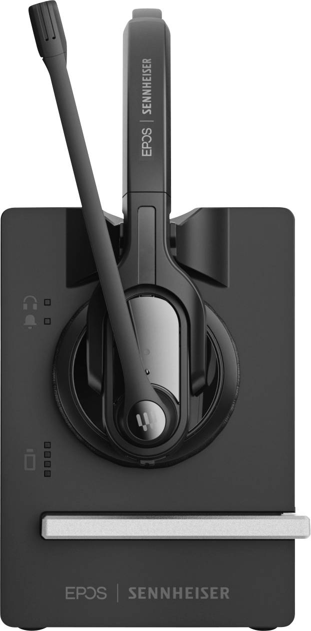Schnurloses Headset mit Ladestation, Mikrofonarm hochgeklappt. Markenlogo 'EPOS | SENNHEISER' sichtbar auf der Ladestation.