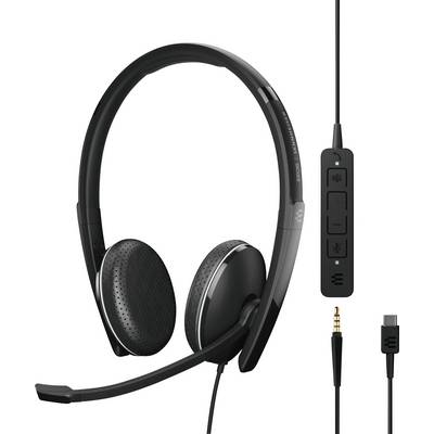 Schwarzes kabelgebundenes Headset mit Mikrofonarm und Steuerungselementen am Kabel. Geeignet für PC und mobile Nutzung.