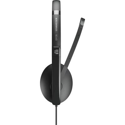Schwarzes kabelgebundenes Headset mit Mikrofonarm, Marke EPOS Sennheiser.