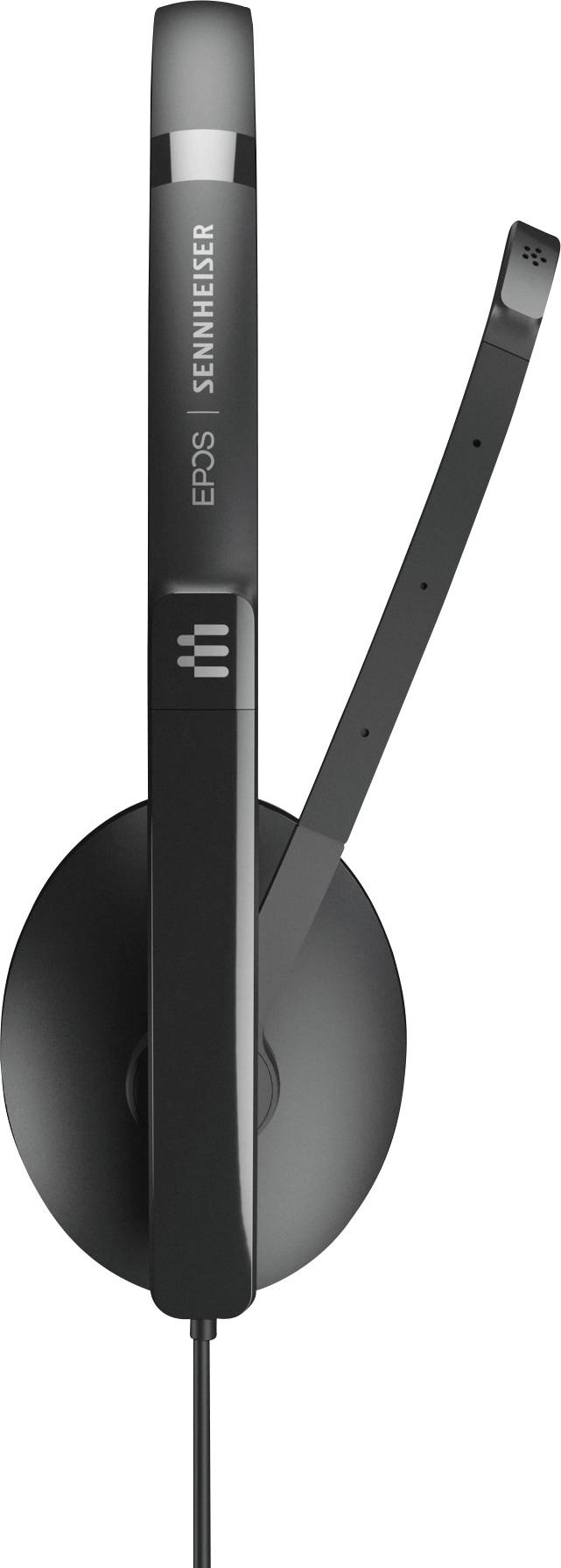 Schwarzes Sennheiser Headset mit Mikrofonarm in Seitenansicht. Ideal für professionelle Audioanwendungen und Kommunikation.