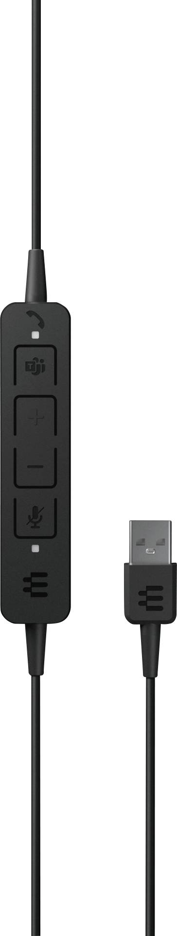 Steuerungseinheit mit USB-Kabel, Mikrofon-, Lautstärkeregelung und Stummschalttasten, geeignet für Headset-Anschlüsse.