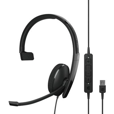 Schwarzes USB-Headset mit Mikrofon und Kabelfernbedienung mit Lautstärkeregelung, Stummtaste und USB-Anschluss.