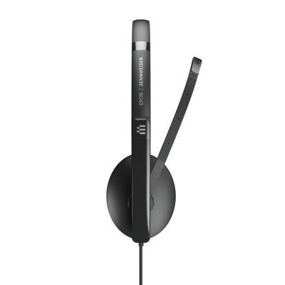 Schwarzes Sennheiser-Headset mit Mikrofonarm, von der Seite gezeigt.