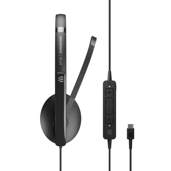 Schwarzes schnurgebundenes Headset mit Mikrofonarm und Inline-Bedienung. Geeignet für Kommunikation und Audiowiedergabe.