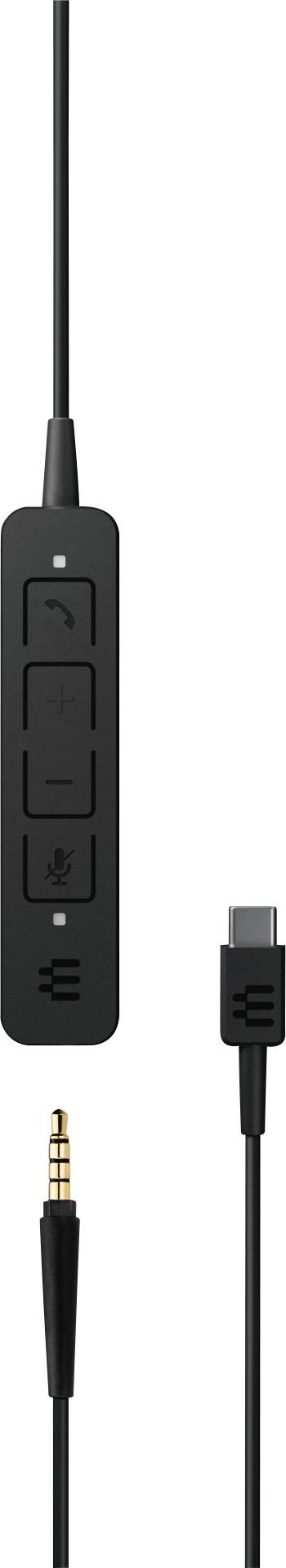 Ein schwarzer Kabelcontroller mit USB-C- und Audiostecker sowie Tasten für Anrufannahme, Lautstärke und Mikrofonstummschaltung.