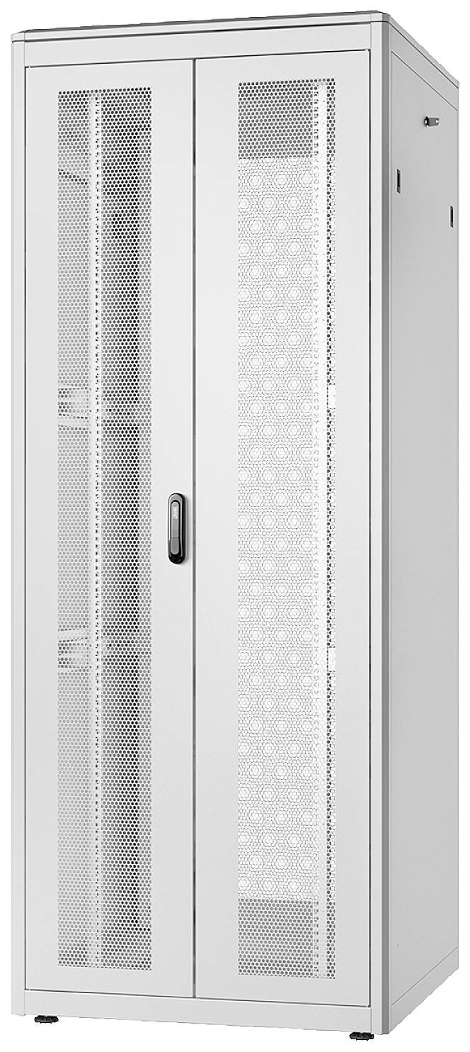 Ein hoher, geschlossener Metallschrank mit perforierten Türen, geeignet für die Aufbewahrung von technischen Geräten oder Kabeln.