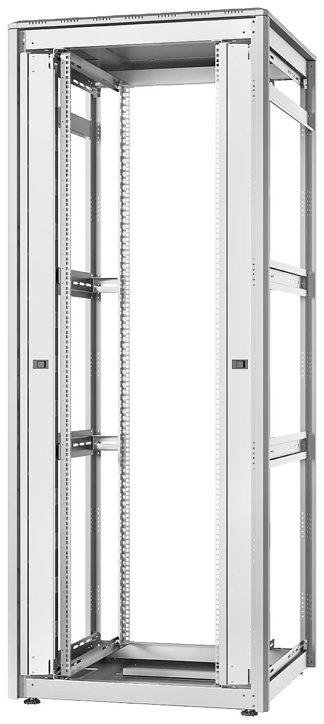 Metallstruktur eines leeren Server-Racks, freistehend, von vorne betrachtet.