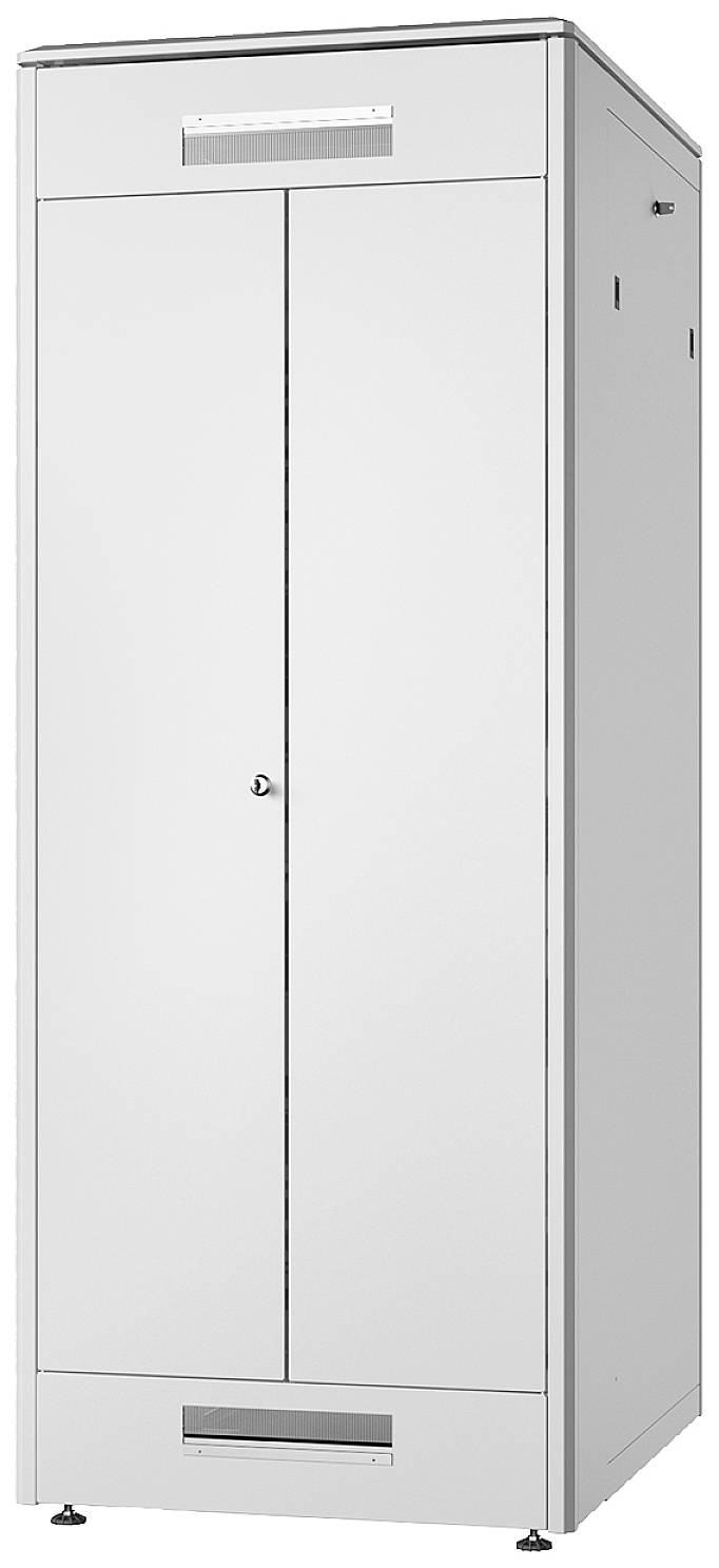 Ein hoher, weißer Schrank mit zwei Türen, zentralem Griff und einem kleinen Schlüsselloch. Robust und für die Aufbewahrung geeignet.