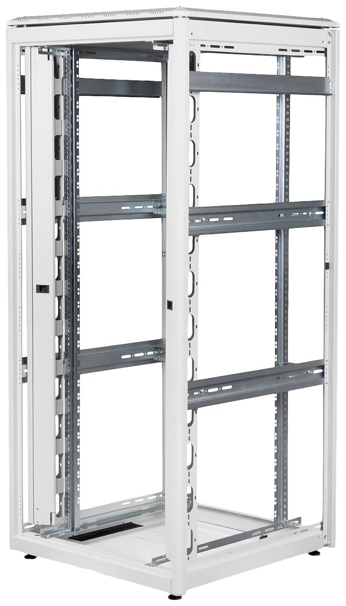 Metallisches Server-Rack-Gehäuse mit mehreren vertikalen Fächern, geeignet für die Montage von IT- und Netzwerk-Hardware.