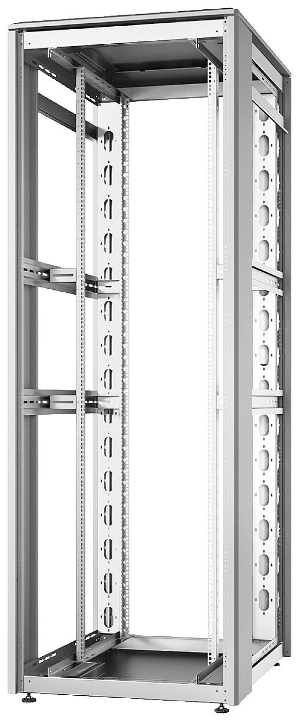 Ein leerer, offener 19-Zoll-Server-Rack aus Metall, stehend auf verstellbaren Füßen. Geeignet zur Montage von Servern und IT-Ausrüstung.