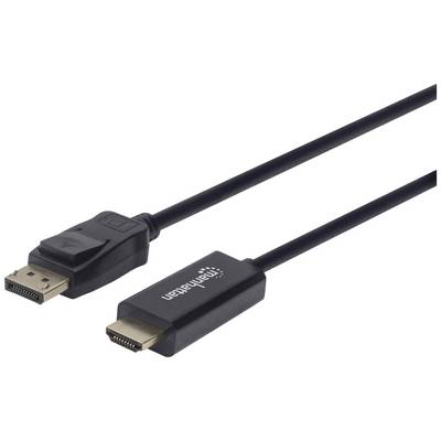Ein schwarzes Kabel mit einem DisplayPort-Stecker auf der linken Seite und einem HDMI-Stecker auf der rechten Seite.