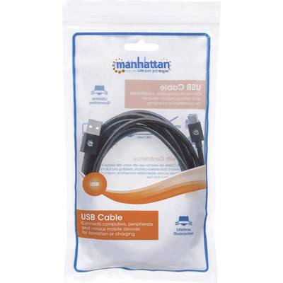 'USB-Kabel in Verpackung mit blauer und oranger Aufschrift. Kompatibel mit Computern und Mobilgeräten. Lebenslange Garantie.'