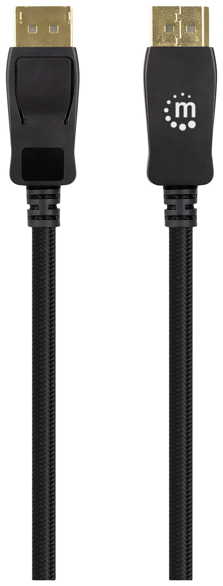 Zwei schwarze DisplayPort-Kabel mit goldenen Anschlüssen. Links ein abgewinkelter Stecker, rechts ein gerader Stecker mit Logo.