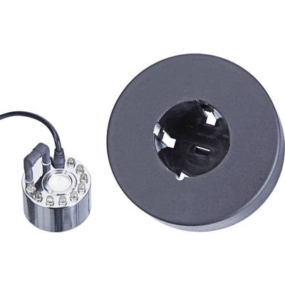 Zwei Ultraschall-Nebelerzeuger aus Metall: Der linke ist kreisförmig mit LED-Leuchten und über ein Kabel verbunden; der rechte ist flach mit einem zentralen Loch.