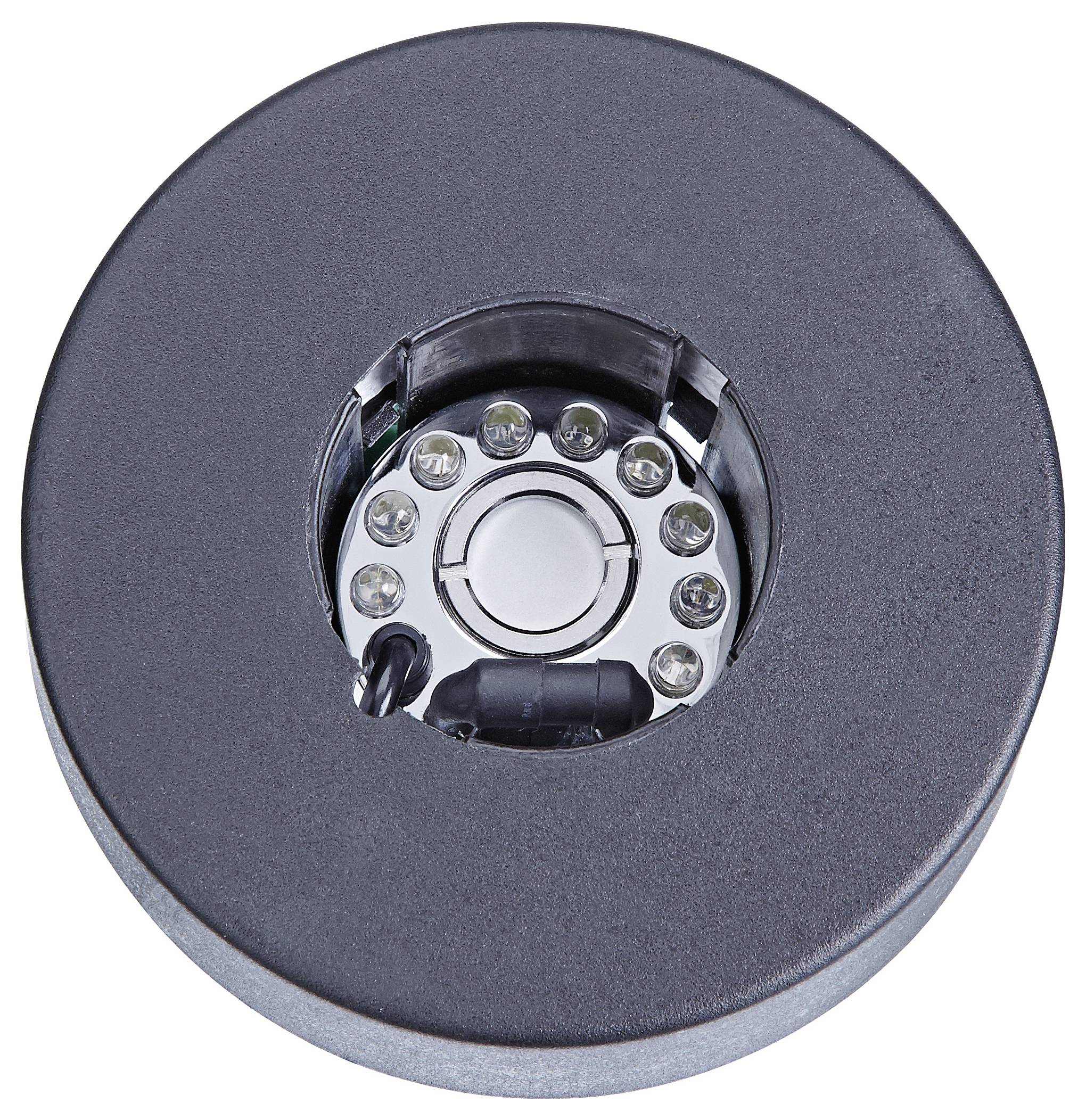 Ein Nahaufnahme-Bild einer kreisförmigen LED-Einbauleuchte mit einer zentralen Glühbirne, die von mehreren LED-Lichtern umgeben ist und in einem dunkel gefärbten Gehäuse eingesetzt ist.