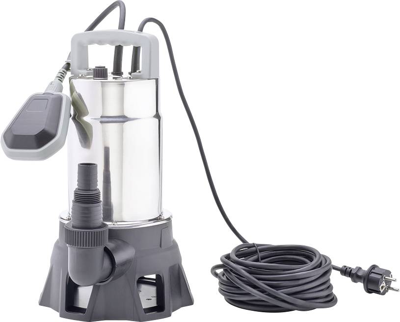 Silberne Tauchpumpe mit grauem Griff, schwarzem Kabel und Schalter. Geeignet für das Abpumpen von Wasser in verschiedenen Umgebungen.