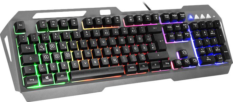 Schwarze Gaming-Tastatur mit regenbogenfarbenen LED-Leuchten unter den Tasten, die ein leuchtendes und ansprechendes Aussehen erzeugen.