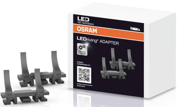Verpackung für 'OSRAM LEDriving ADAPTER', zeigt Adapterteile neben der Box. Auf der Box: Logo, QR-Code und Text zur Kompatibilitätsprüfung.