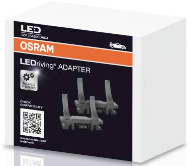 Verpackung eines LED-'ADAPTERS' von OSRAM, 12V, mit QR-Code zur Kompatibilitätsprüfung. Enthält Bild des Adapters und Logo.