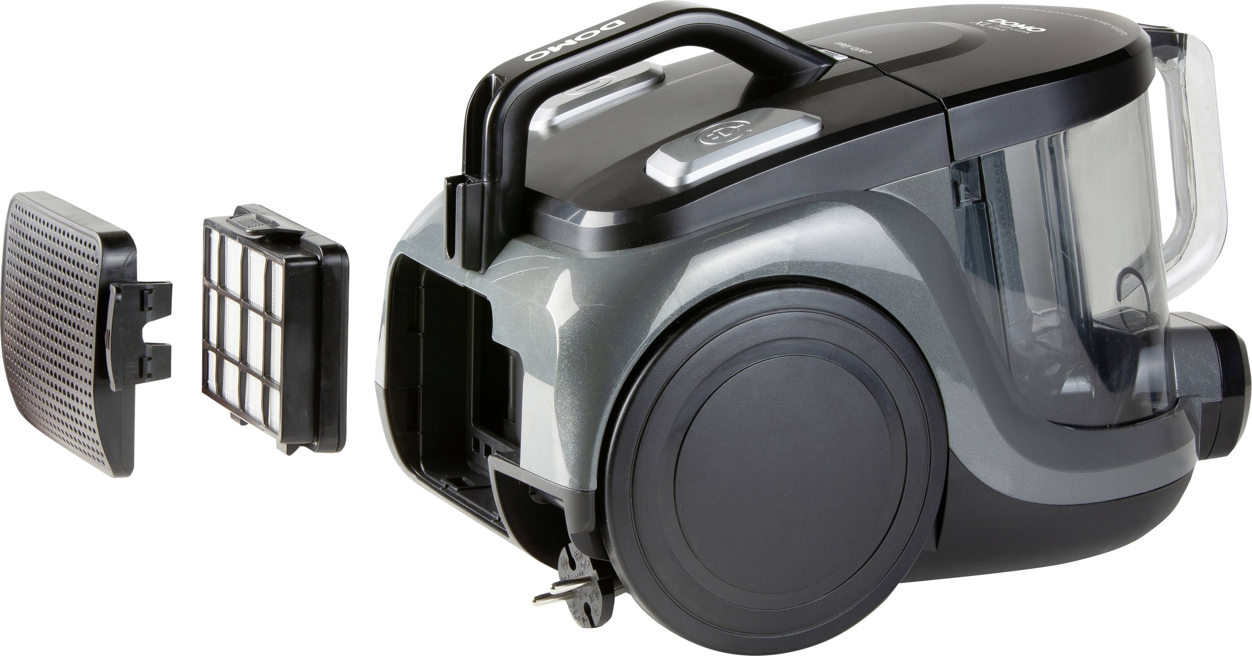 Ein Staubsauger ohne Beutel mit seitlich herausgenommenem Filter und Abdeckung, zeigt den Zugang zum Filtersystem.