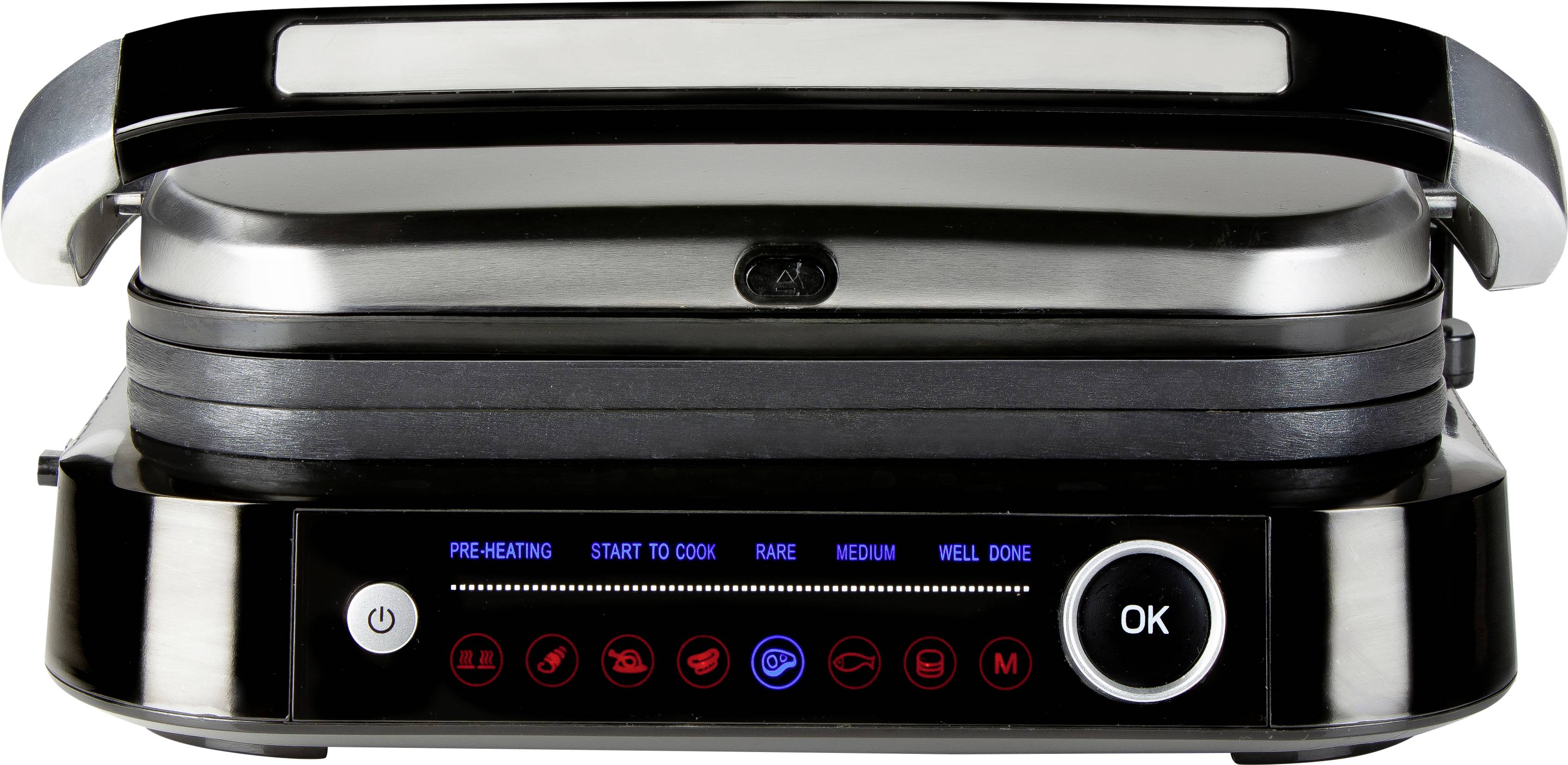 Ein moderner Kontaktgrill mit digitalem Display zeigt verschiedene Grillstufen an, von 'Pre-heating' bis 'Well Done'.