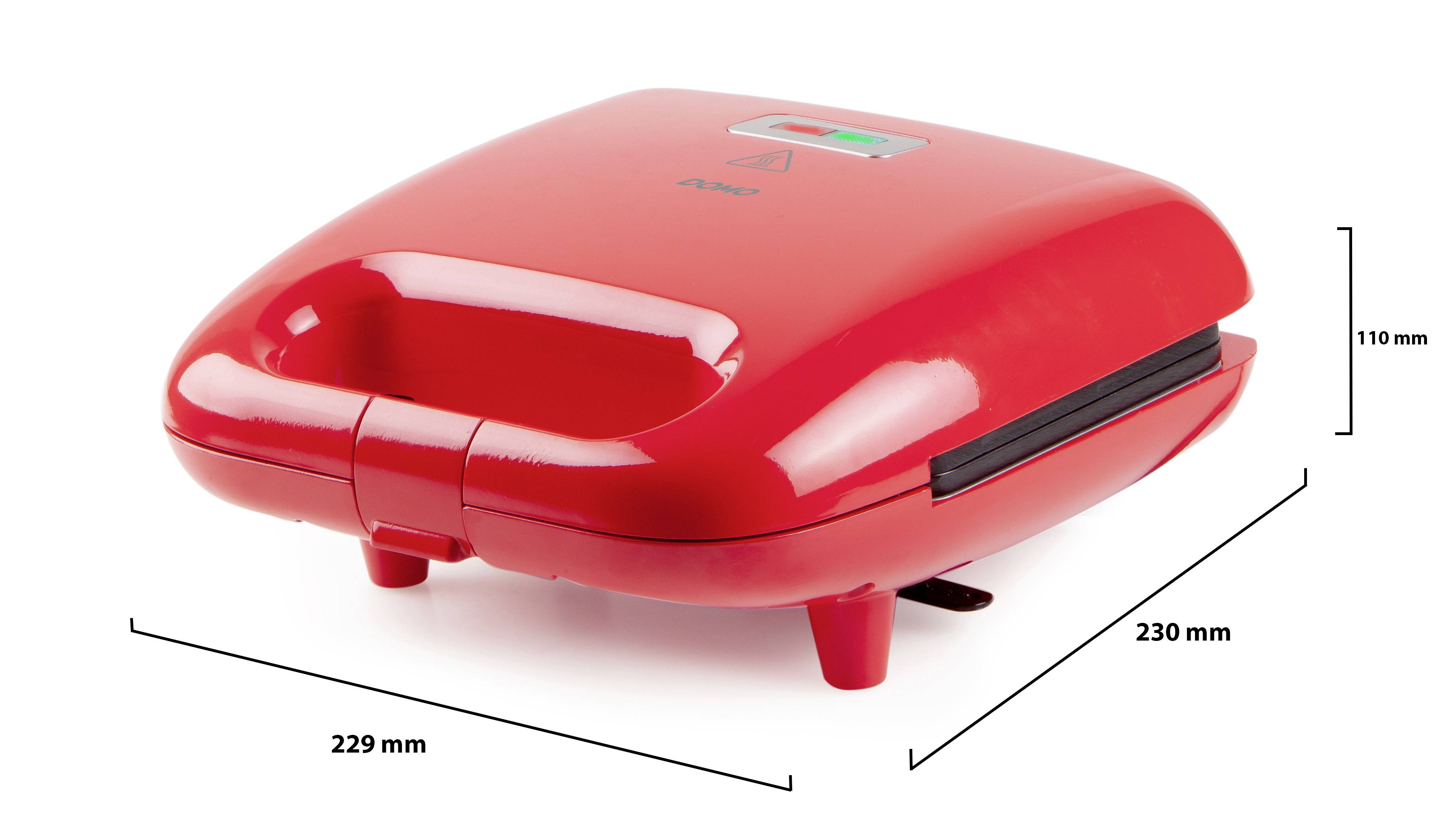Roter elektrische Sandwichmaker. Maße: 229 mm breit, 110 mm hoch, 230 mm tief. Perfekt für schnelle Snacks zu Hause.