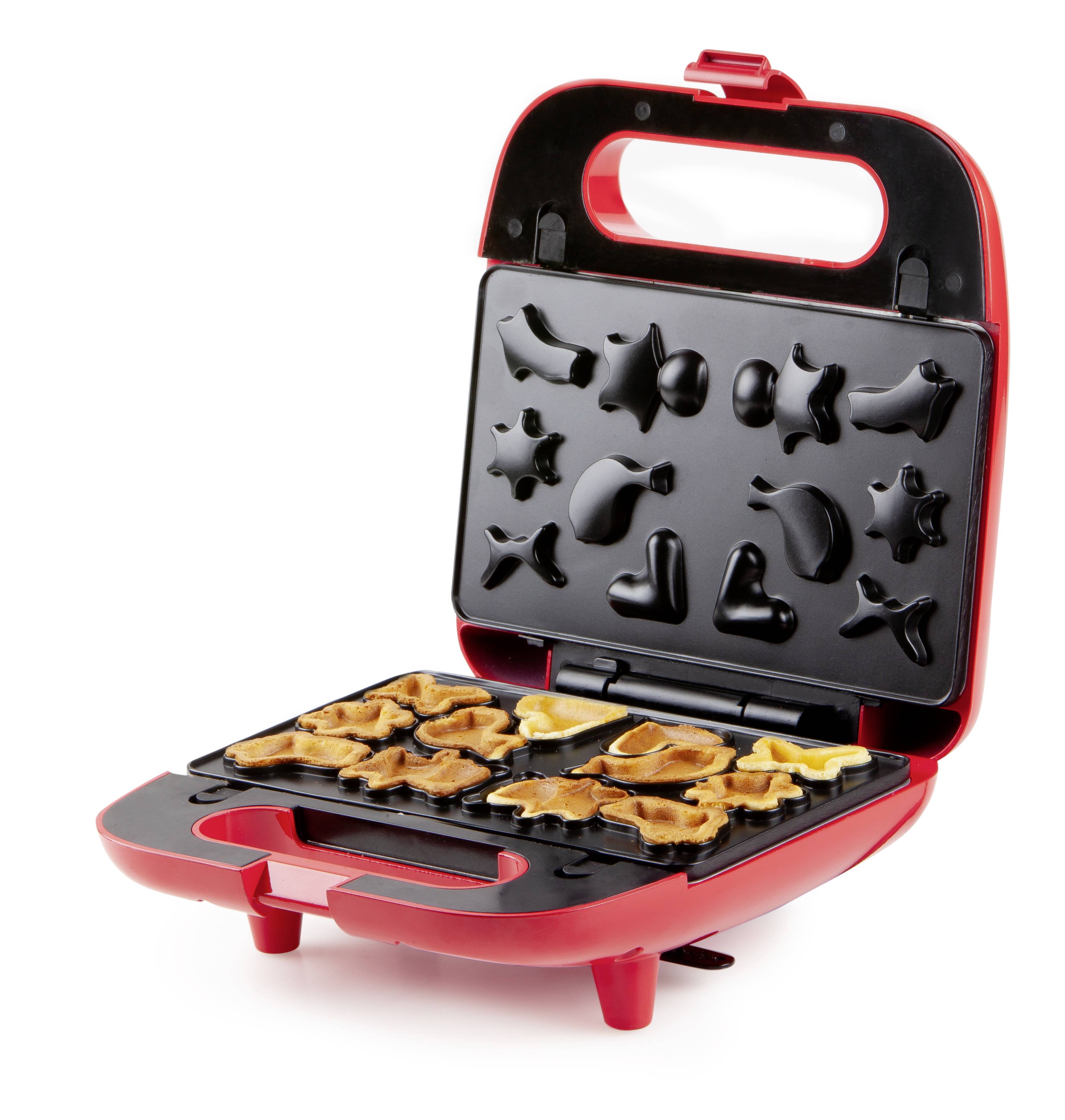 Roter Waffeleisen mit verschiedenen Formen, darunter Sterne, Herzen und Monde. Einige Waffeln sind goldbraun gebacken.