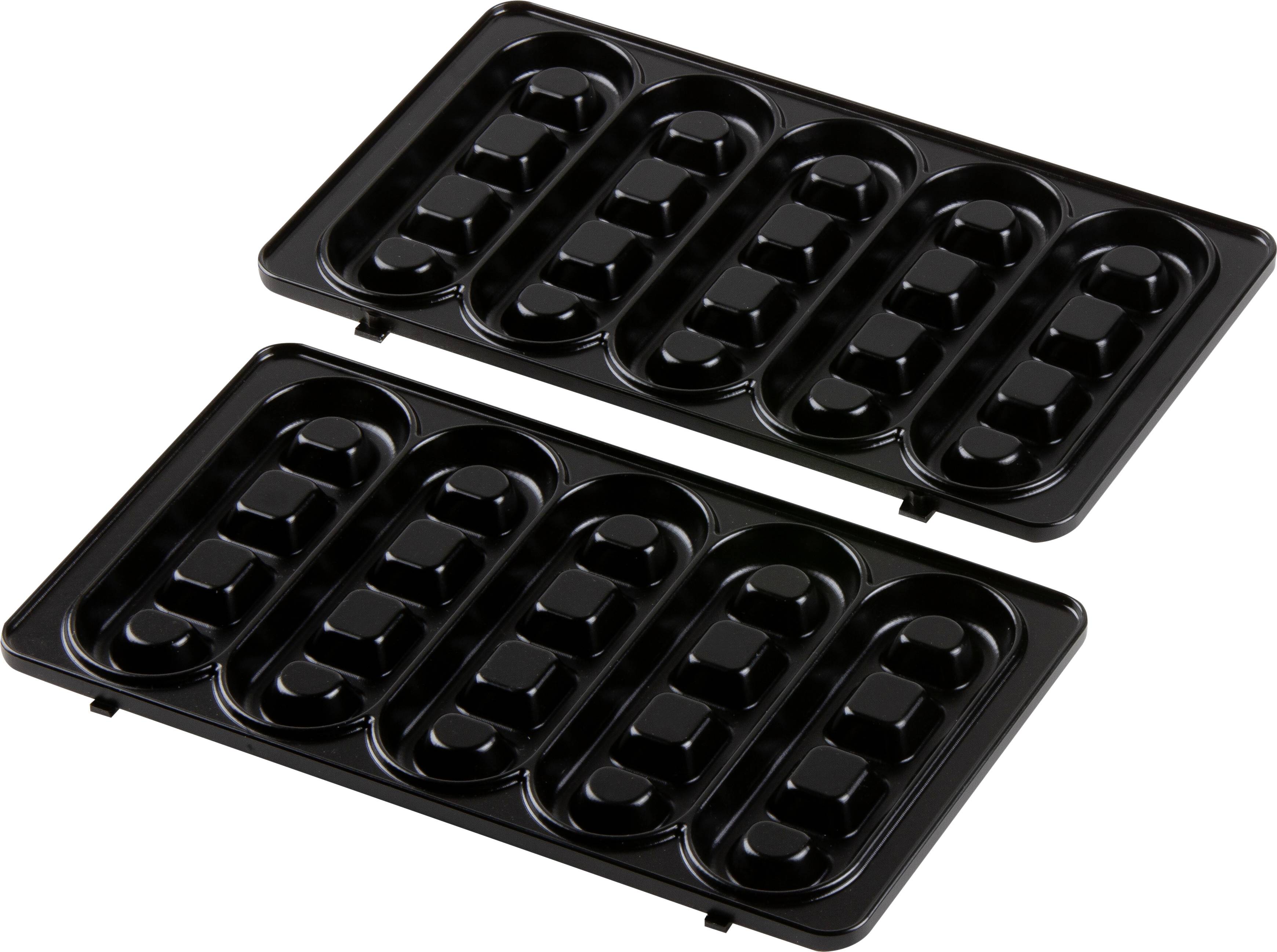 Zwei schwarze Kunststoffplatten mit ovalen Aussparungen zur Formung von Lebensmitteln, nebeneinander liegend.
