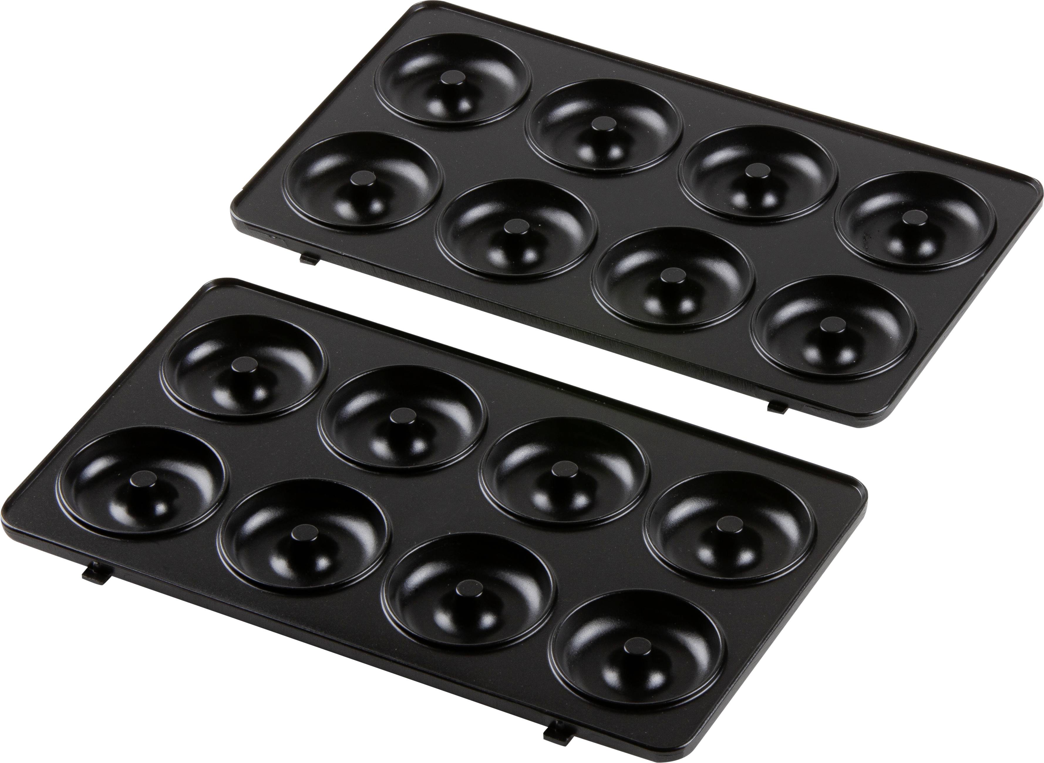 Zwei schwarze Backformen für Donuts, jede mit sechs runden Mulden.