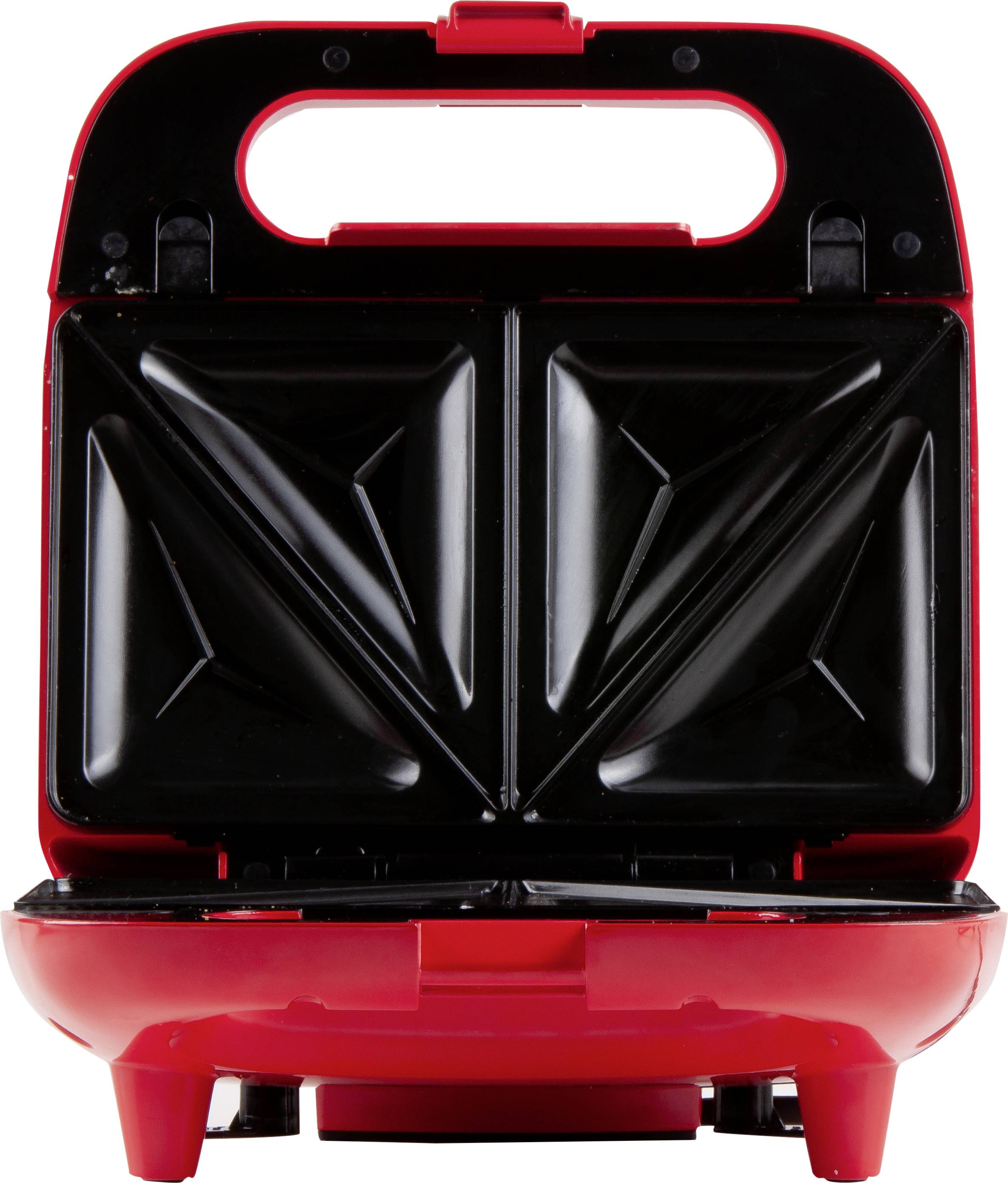 Ein rotes, offenes Sandwichmaker-Gerät mit zwei dreieckigen Heizplatten. Ideal zur Zubereitung von Sandwiches.
