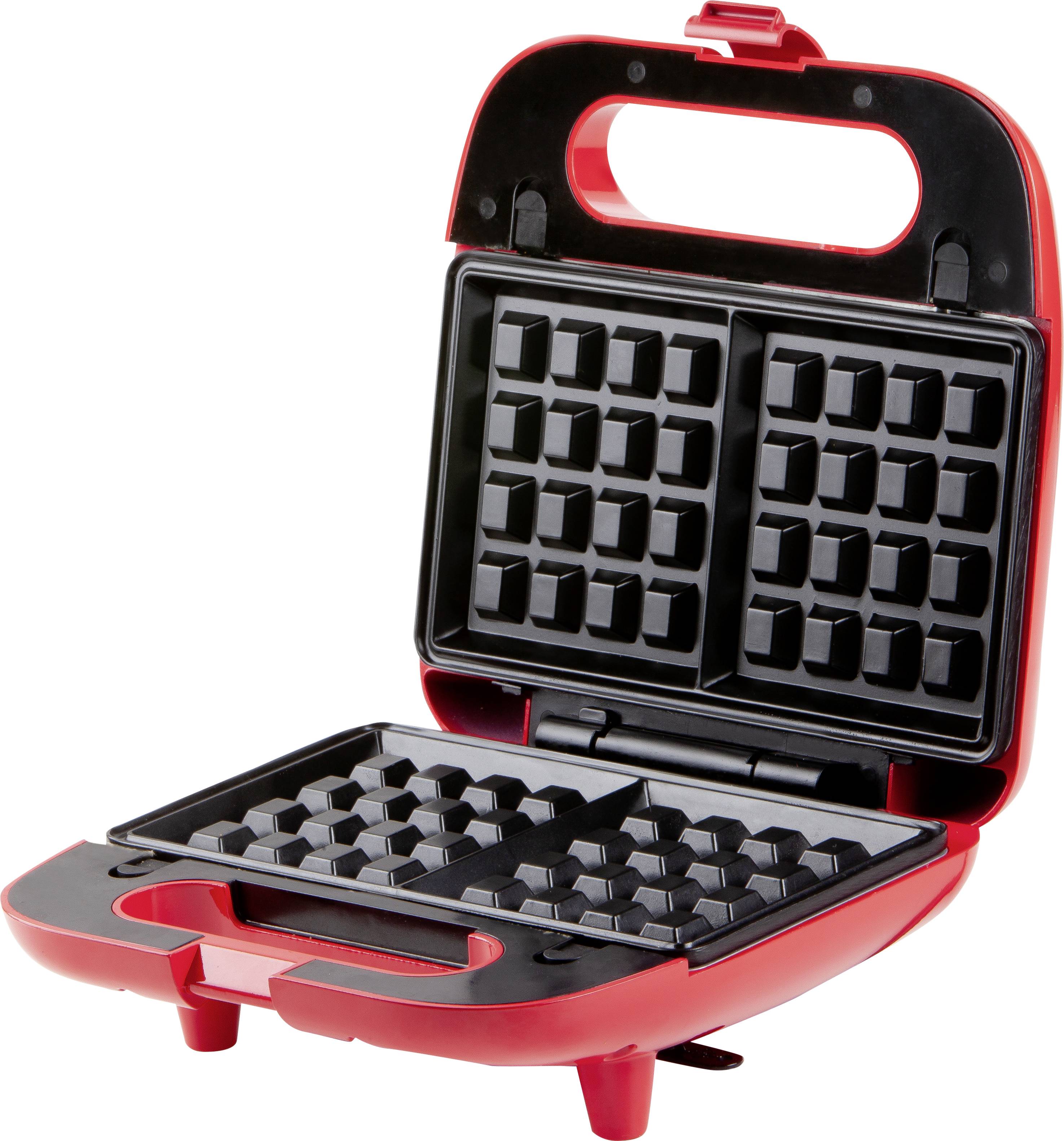 Roter, geöffneter Waffeleisen mit zwei rechteckigen, antihaftbeschichteten Waffelformen. Ideal zum Backen von Waffeln.