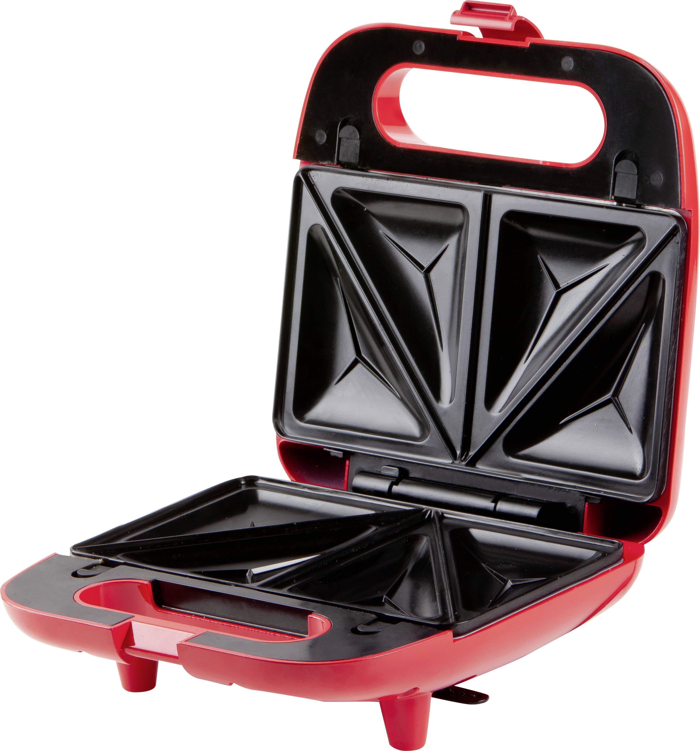 Roter Sandwichmaker mit zwei dreieckigen Grillplatten, offen dargestellt. Ideal für die Zubereitung von Sandwiches.