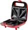 Roter Sandwichmaker mit zwei dreieckigen Grillplatten, offen dargestellt. Ideal für die Zubereitung von Sandwiches.