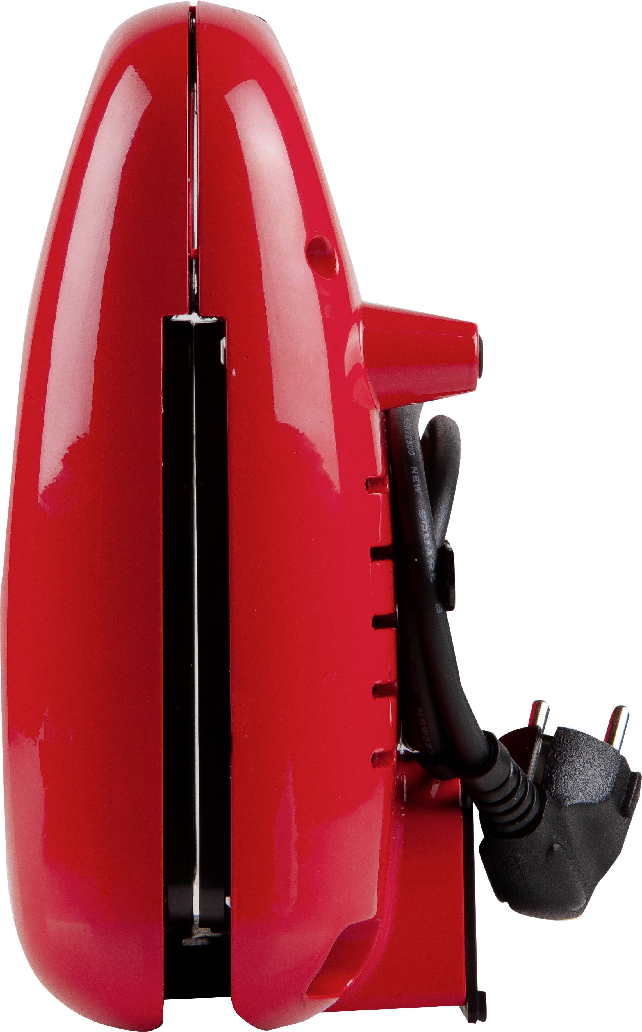 Roter Toaster, seitlich abgebildet, mit Kabel und Stecker sichtbar.