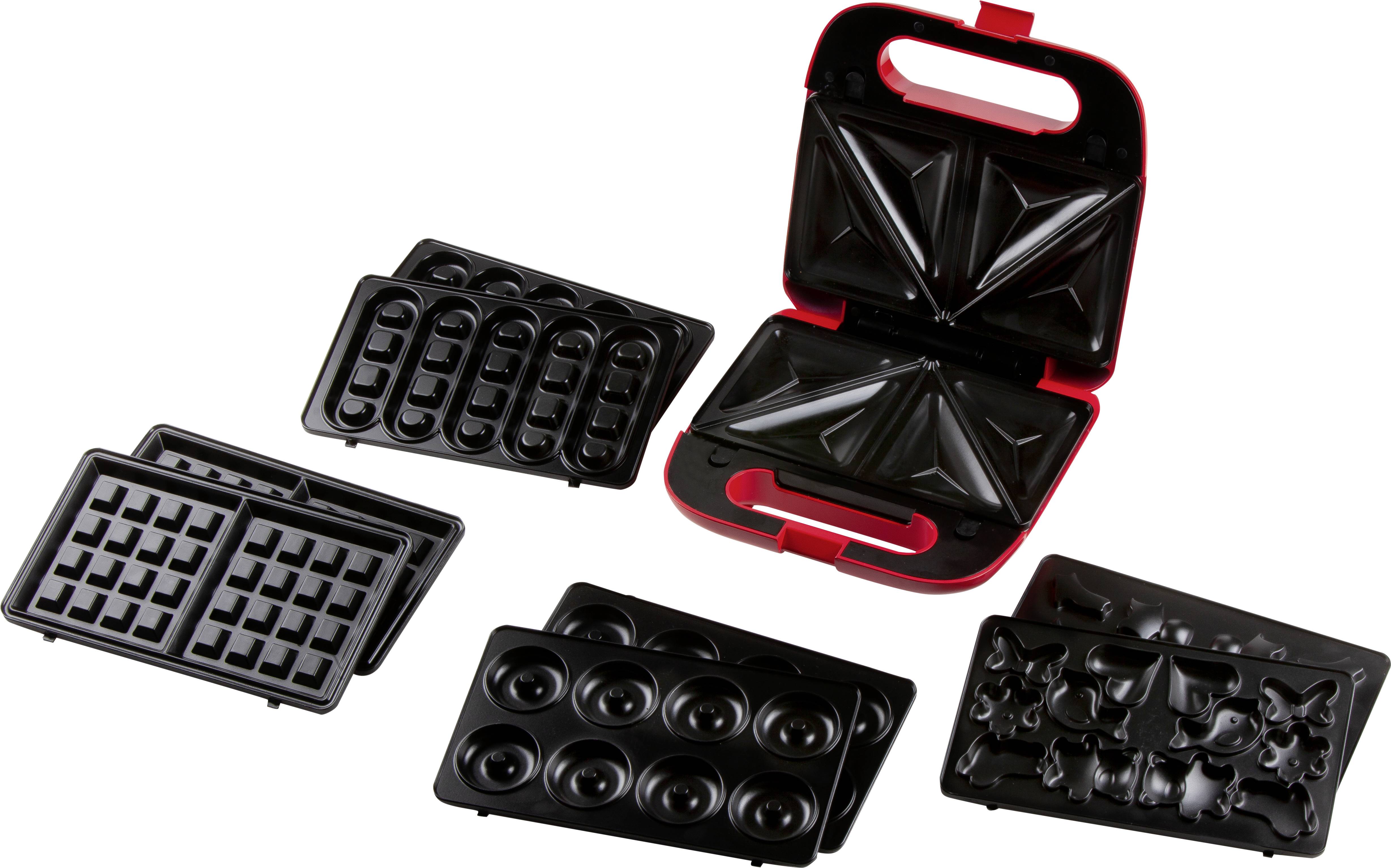 Waffeleisen mit verschiedenen austauschbaren Platten für Sandwiches, Waffeln, Donuts und Gebäckformen. Ideal für vielseitiges Backen.