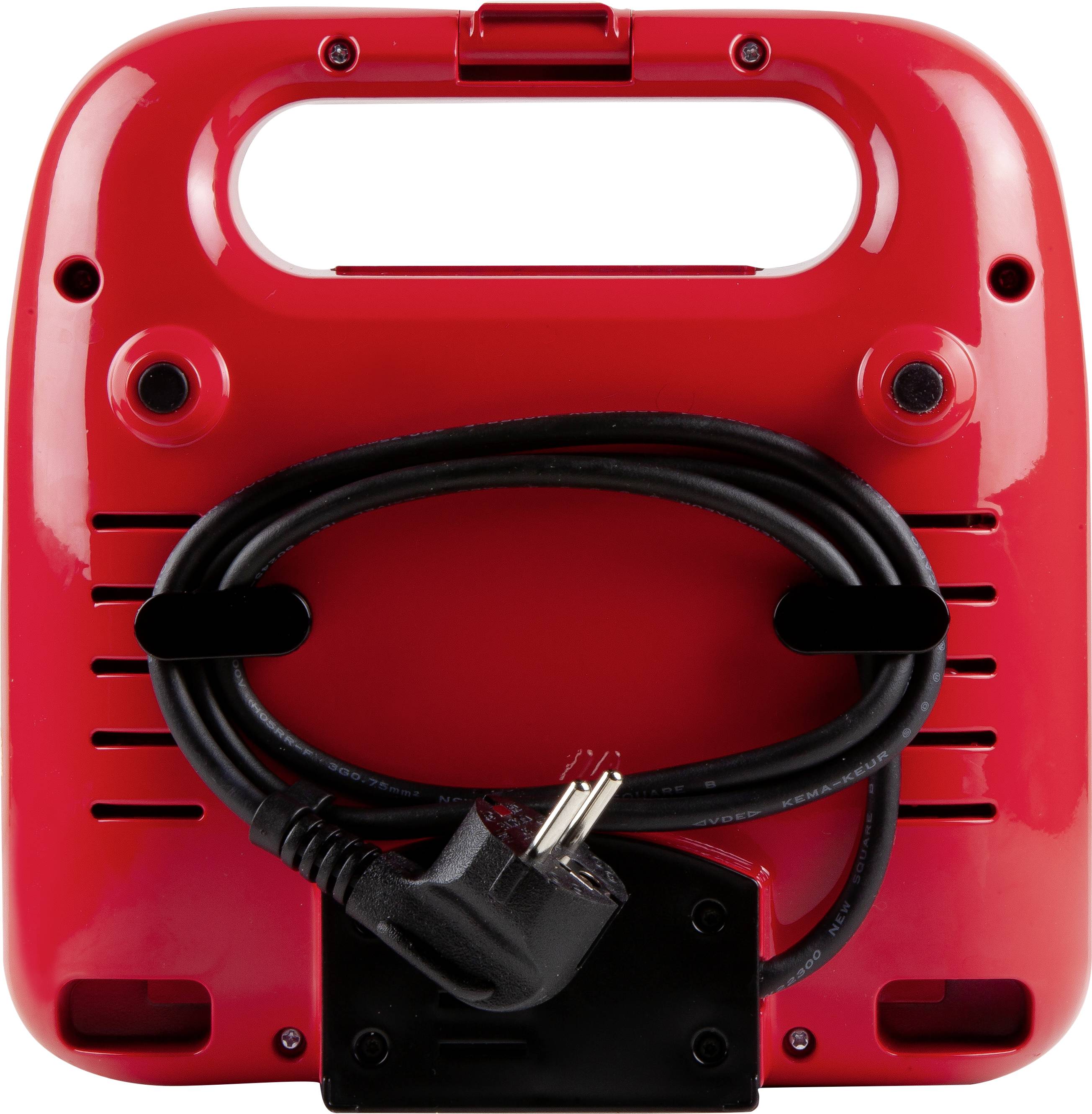 Roter Sandwichmaker von hinten, schwarzes Kabel aufgerollt, rechteckige Form, Griff oben, funktionale Küchengerätansicht.
