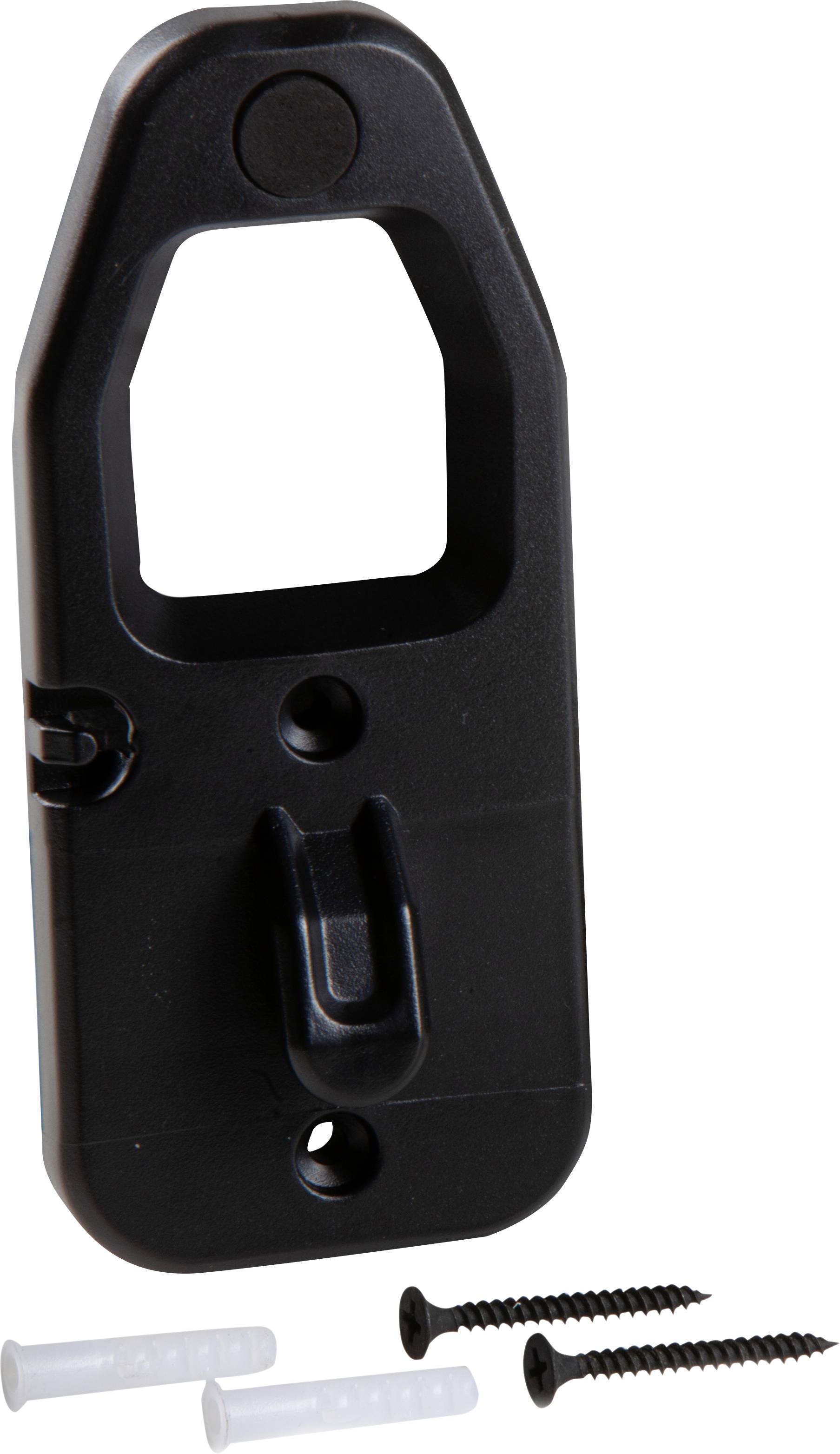 Schwarze Wandhalterung mit zwei Schrauben und Dübeln, geeignet zur sicheren Befestigung von Geräten oder Gegenständen an der Wand.
