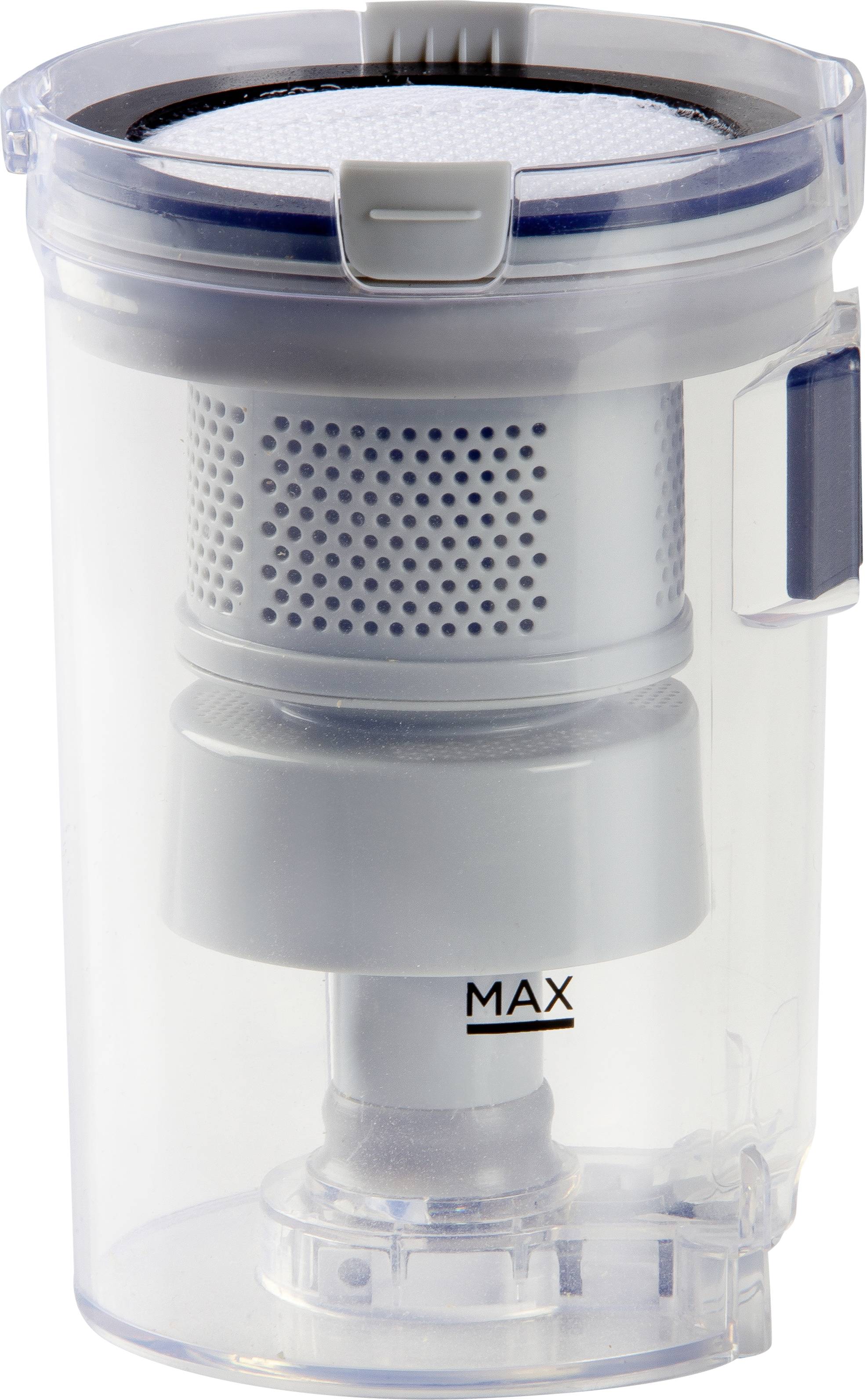 Kleiner transparenter Behälter mit Filter und 'MAX'-Markierung, vermutlich Teil eines Wasserfiltersystems, isoliert auf weißem Hintergrund.