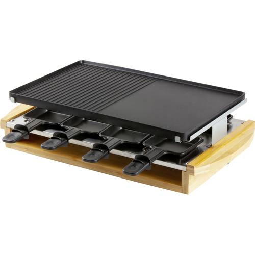 DOMO DO9246G Raclette 8 Pfännchen, Antihaftbeschichtung, Kontrollleuchte Schwarz, Holz