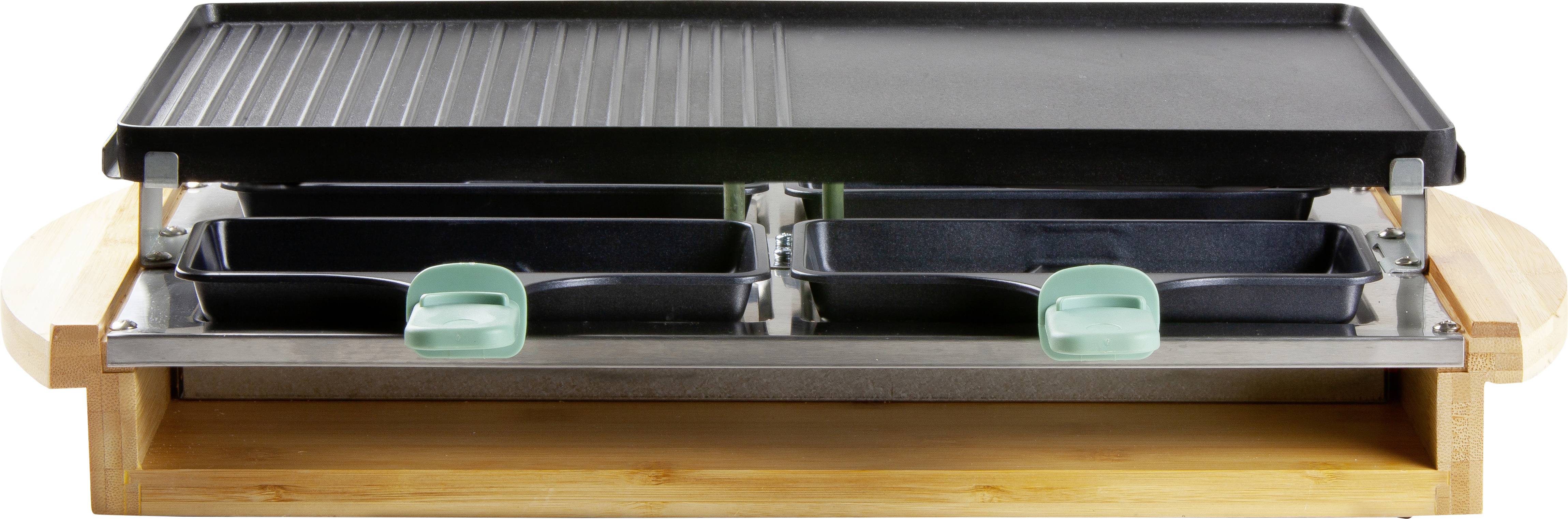 Ein elektrisches Raclette-Grillgerät mit zwei Ebenen: Oben eine Grillplatte, unten Ablage für Pfännchen. Ideal für gemeinsames Essen.