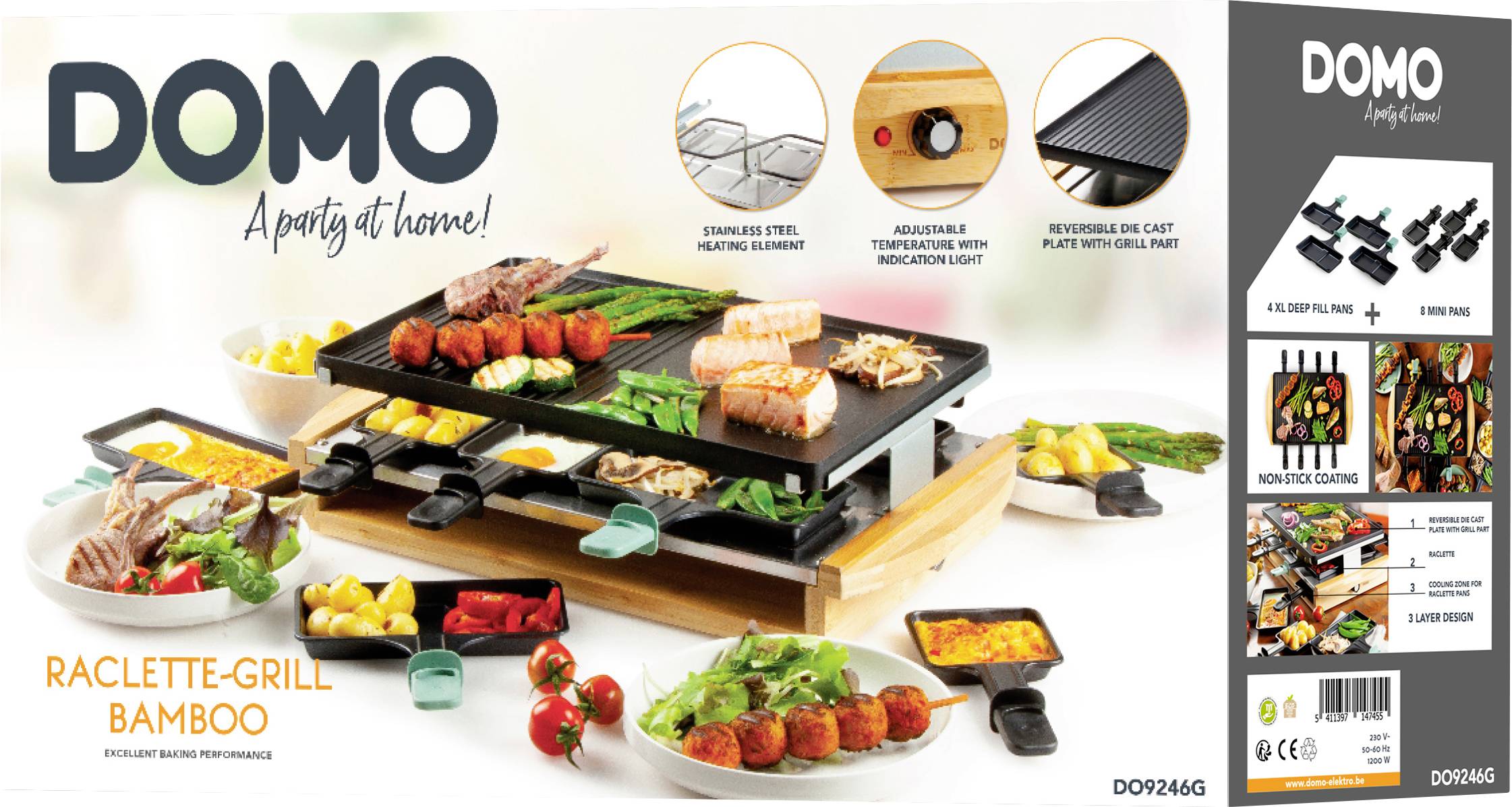 'Raclette-Grill Bamboo' mit Edelstahl-Heizelementen und wendbarer Gussplatte. Enthält Spatel, Gemüse und Fleisch zum Grillen. Ideal für gesellige Runden. Verpackung zeigt Produktmerkmale.