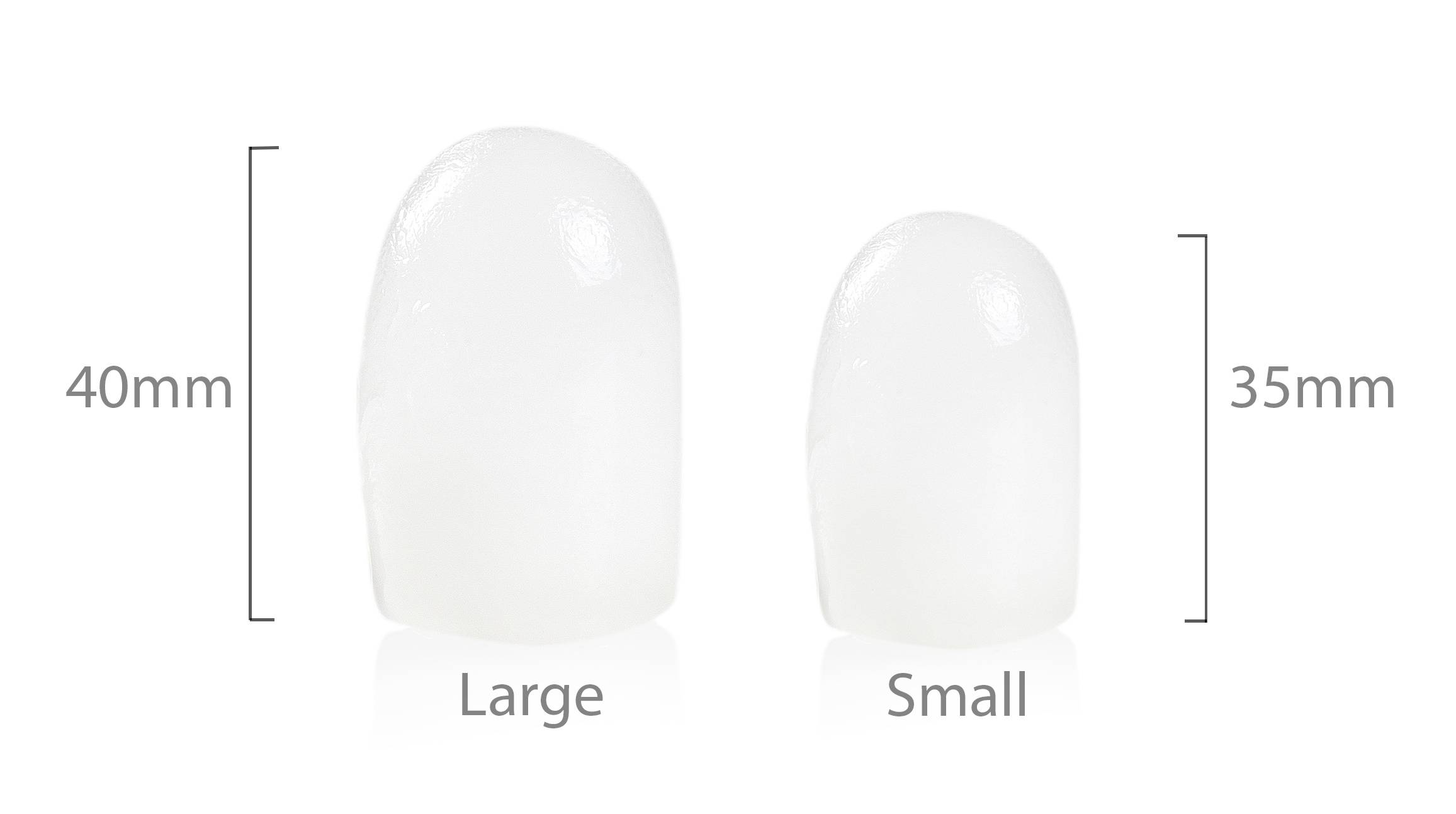 Zwei weiße, ovale Silikonkappen: links 'Large', 40mm; rechts 'Small', 35mm. Dient zur Darstellung der Größenunterschiede.